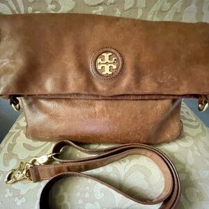 Tory Burch Dena Brown Leather Fold-Over Crossbody